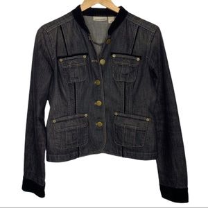 DKNY Black Military Style Denim Velvet Trim Jacket